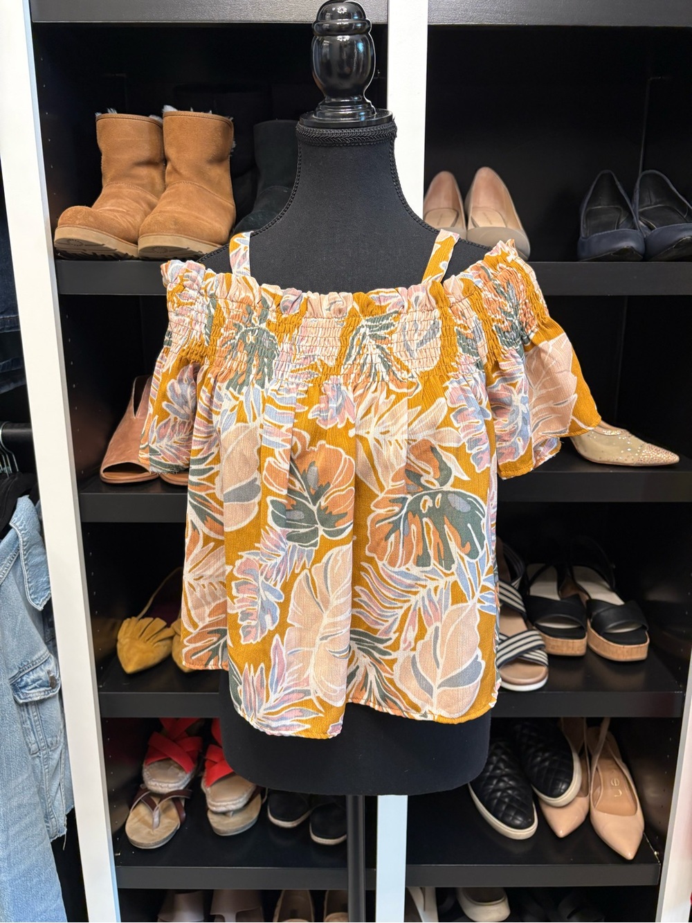 Sweet Rain Mustard Floral Off-Shoulder Crop Top